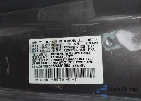 2012 Honda Odyssey Ex-L from USA, damaged, VIN 5FNRL5H62CB094067